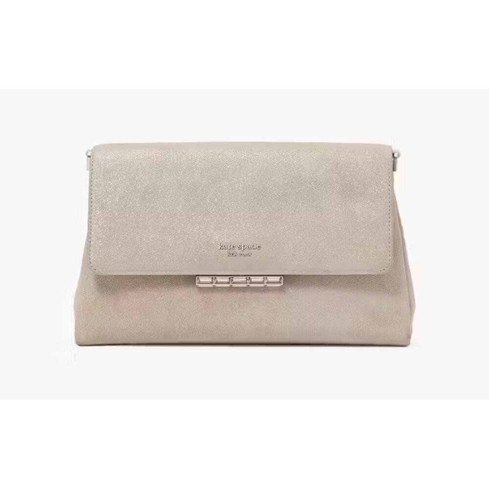 Kate Spade Grace Silver Glitter Suede Clutch w/ Crossbody Chain KI418020 NWT